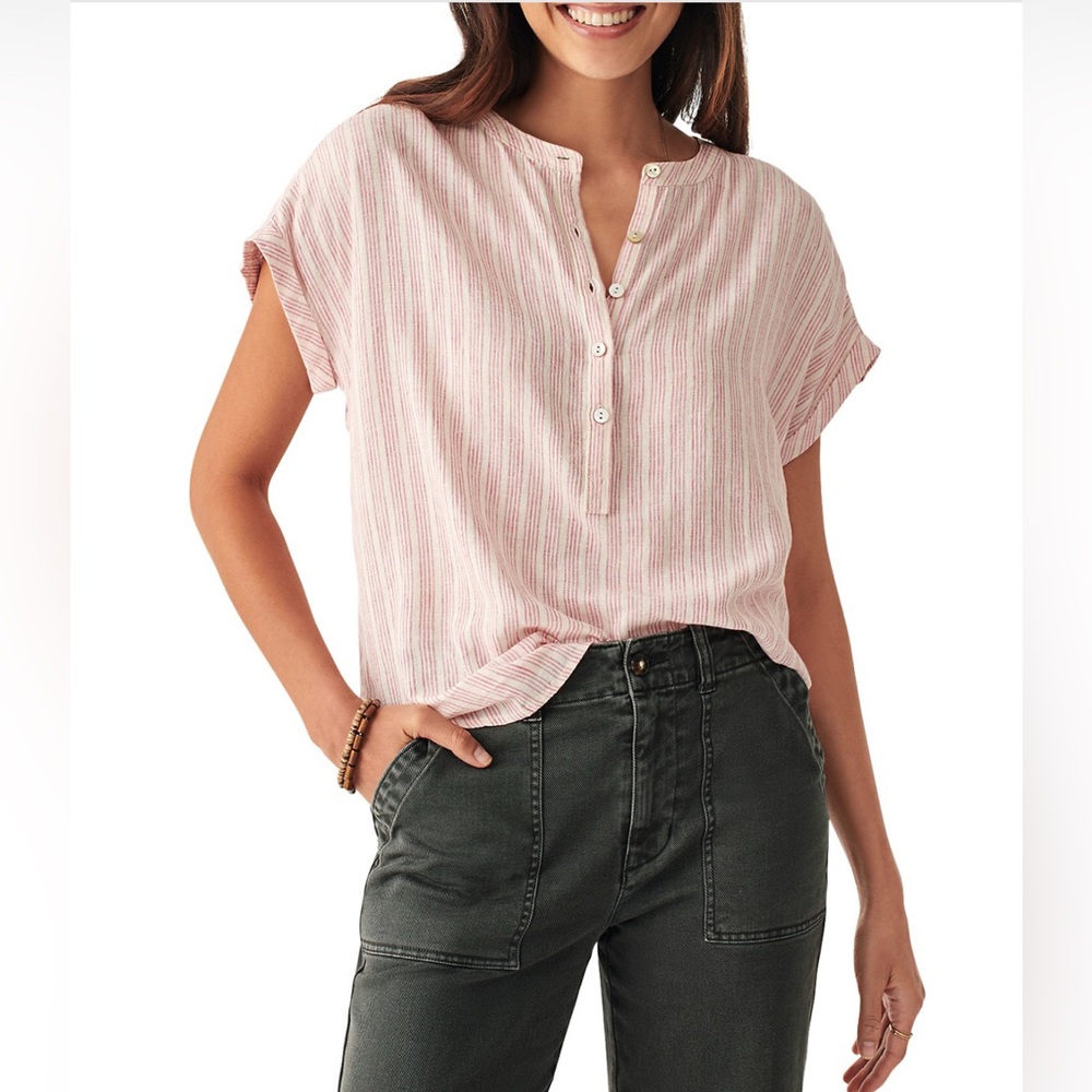 FAHERTY Desmond Bloom Sierra Stripe Linen Dolman Henley Top M